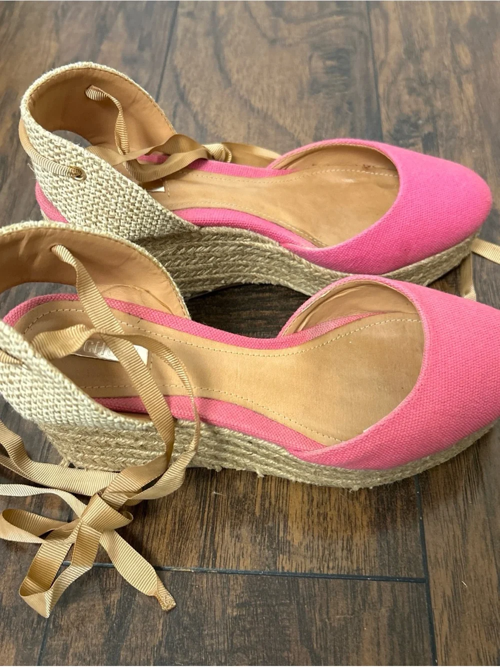 SCHUTZ Pink Espadrille Wedge Sandals with Tan Ankle Ties size 6